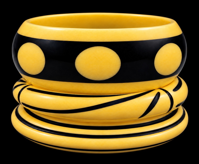 black and yellow geometric bangles